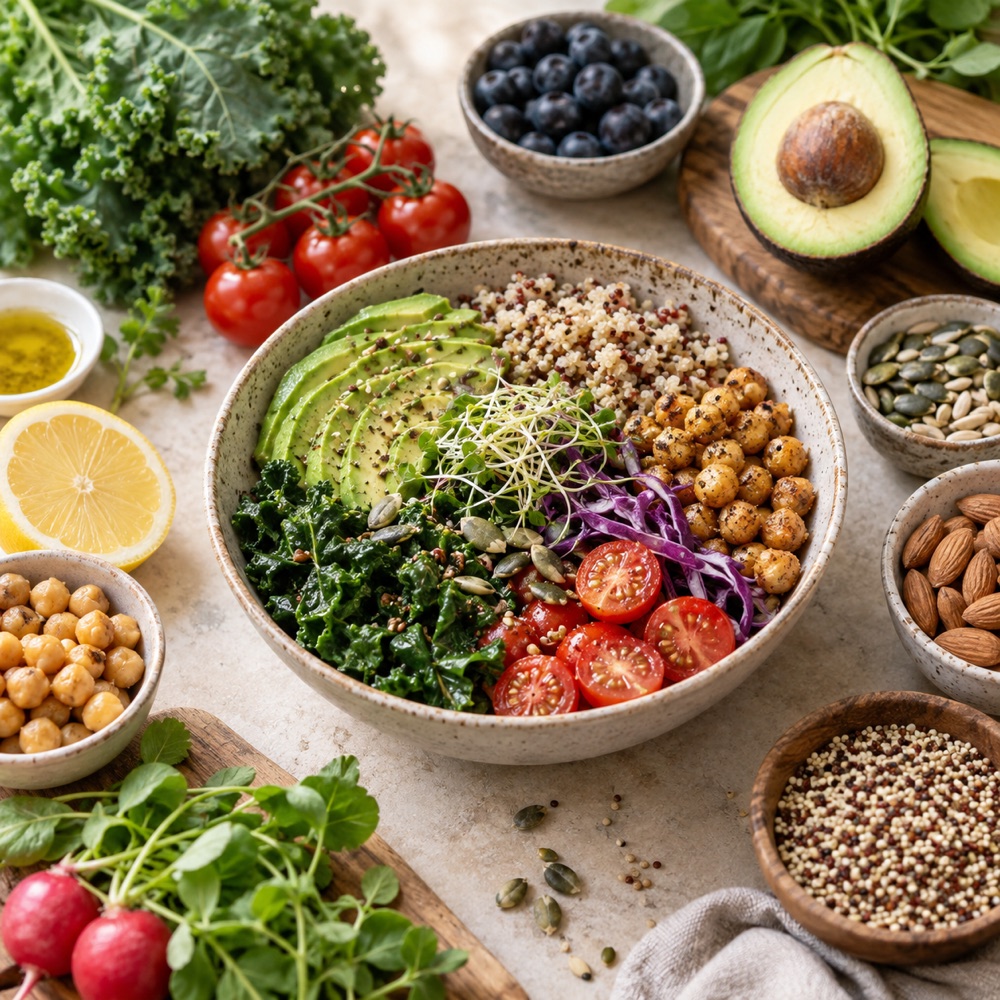 Healthy meal made with fresh vegetables, pulses, grains, nuts and seeds